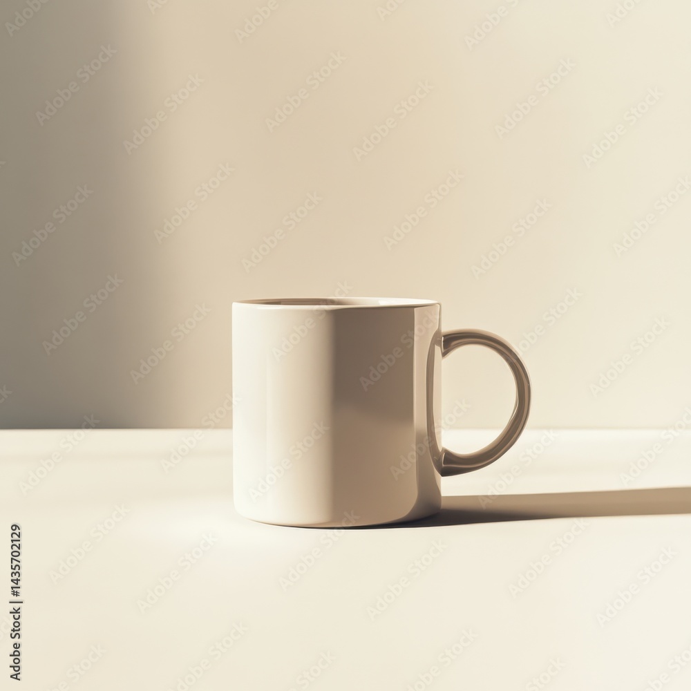 Aufkleber minimalist ceramic mug sitting on a plain surface, bathed in soft, diffused light creating subtle sh