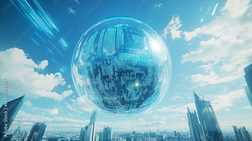 Poster digital globe with data and information on a background of a cityscape, a technology concept. digita