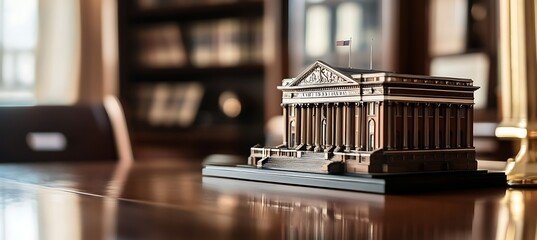 Obraz premium Central Library Building Miniature on an Executive Office Desk with Empty Branding Space for Professional Use Background.