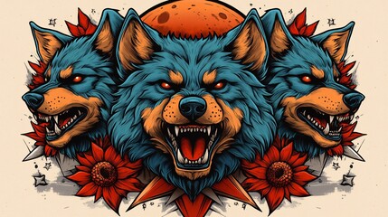 Fierce Wolves with Red Flowers Artistic Tattoo Design