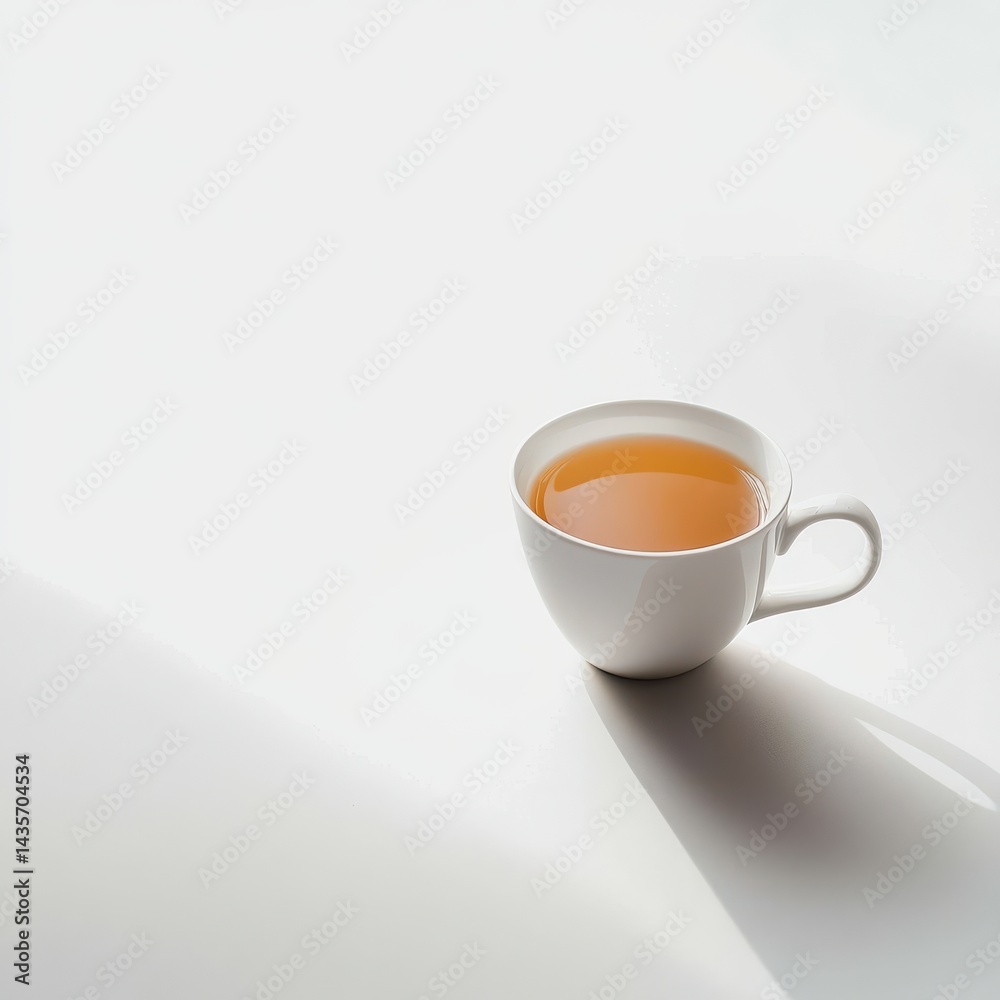 Aufkleber a white ceramic mug of amber-colored tea sits elegantly on a pristine white surface, casting a gentl
