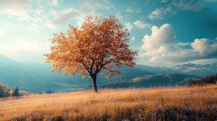 Fototapeta premium Lone autumn tree stands majestically in a field, with scenic mountain vista and cloudy teal sky providing background.