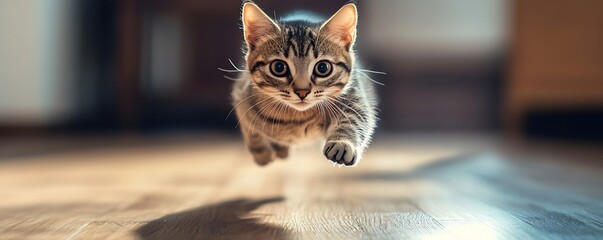 Playful Kitten in Mid-Air Leap on Hardwood Floor