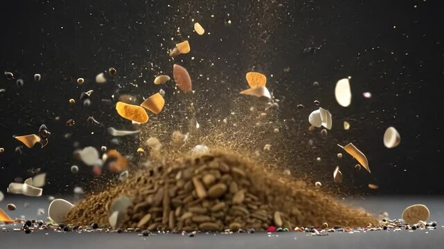 Exploding spices on dark surface