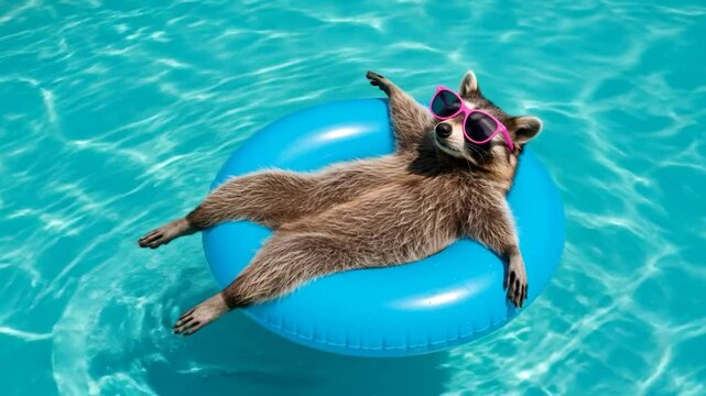 Funny Raccoon Lounging in a Swimming Pool