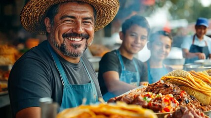 Smiling food vendor with tacos and children.
