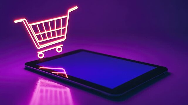 Neon shopping cart over tablet