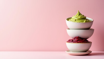 A pyramid of bowls with Mediterranean food, including hummus, pita, and fresh vegetables on a pink background.
