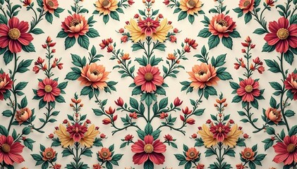 Intricate floral damask pattern in muted tones, floral, illustration