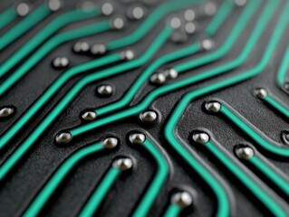 Close up view of electronic circuit board with green microprocessor lines and metallic soldering patterns on technical component tile in detailed high tech chip infrastructure wallpaper