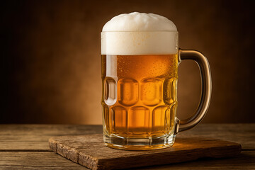 Glass mug of cold beer with thick foam on rustic wooden table, warm brown background. side view with copy space