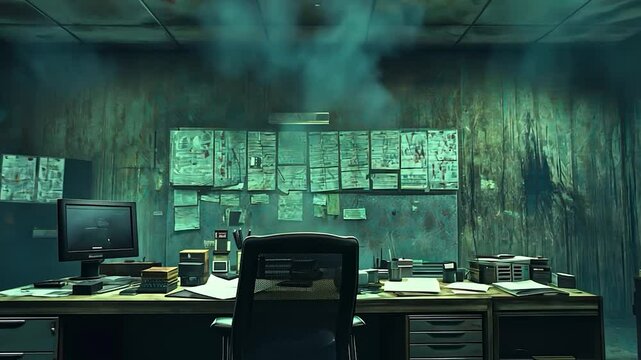 Abandoned office filled with smoke and debris.