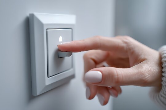 Close-up of a female finger turning off a light switch at home, symbolizing power, energy saving, and environmental awareness, created with Generative AI technology.