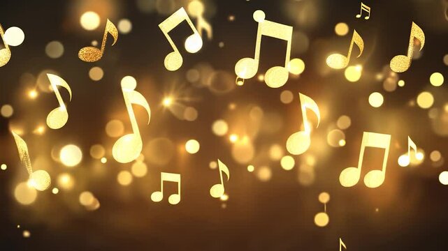 Golden musical notes falling in bokeh background