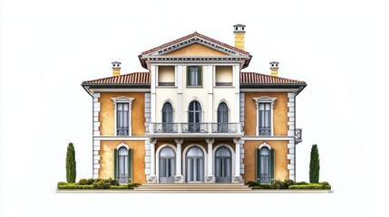 Fototapeta premium Architectural rendering showcases ornate villa against plain background