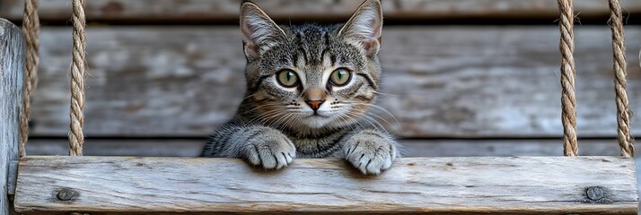 Tabby Kitten on Rustic Wooden Swing Set