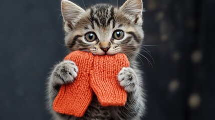 Adorable kitten holding orange knitted socks against dark background. Possible use Children's book illustration, pet product advertisement