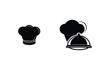Chef Hat And Food Tray Icons Black And White Vector Illustration