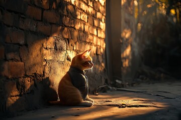 Kitten seated by brick wall, golden light.  Possible use stock photography