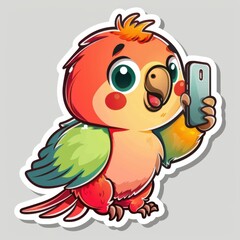 Fototapeta premium Colorful parrot captures a joyful selfie in a playful forest setting with vibrant foliage