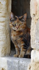 Curious cat peering from stone alcove