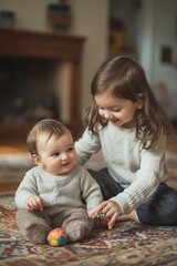 Two Young Sisters Playing Together on a Rug