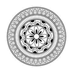 Circular Mandala Design – Intricate Black and White Symmetrical Floral Motif with Geometric Shapes and Ornate Details