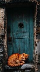 Sleepy ginger cat resting by aged teal door