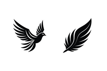 Minimalist Black Silhouette Vector Design Of A Flying Bird And Feather Illustration