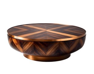 dark brown chevron coffee table modern oval wood design with copper trim studio shot isolated on white highlighting intricate wood grain and pattern