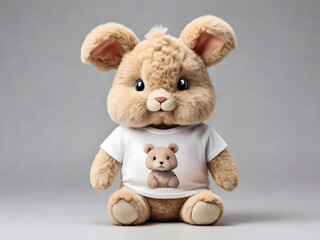 Fototapeta premium A fluffy cartoon rabbit wearing a t-shirt with a bear print sits on a soft background.