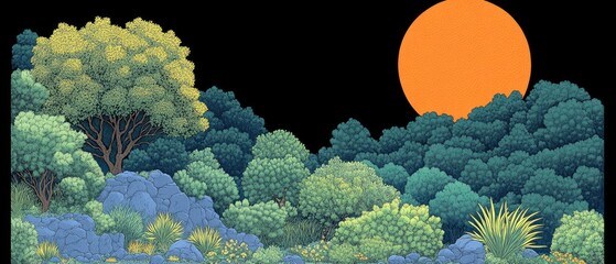 Nature scene with forest, trees, flowers, blue rocks, and sunset against a black background