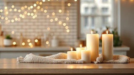 Warm candles on kitchen table, festive lights - Powered by Adobe