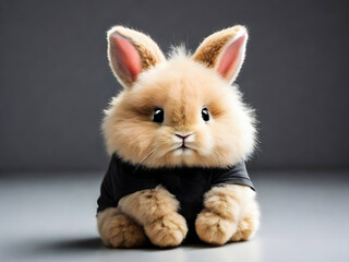 A fluffy light brown rabbit wearing a black shirt on a smooth grey surface with a blurred background.