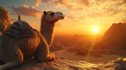 Camel resting at desert sunset, overlooking mountains, stock photo