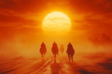 Desert travelers at sunset, silhouettes of riders on camels in a hazy, warm-toned landscape, potential stock use