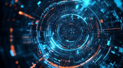 Obraz premium Abstract futuristic technology background blue orange digital circular pattern data code neon cyber