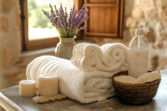 Relaxation essentials in a serene bathroom setting featuring soft towels, handcrafted soap, lavender bouquet and natural decor