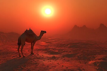 Desert Camel at Sunrise, Dramatic Landscape. Possible stock photo use