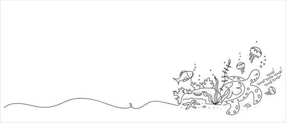Abstract underwater world drawn with one line. Marine sketch. Cute vector illustration on the theme of Oceania, travel, vacation, diving.
