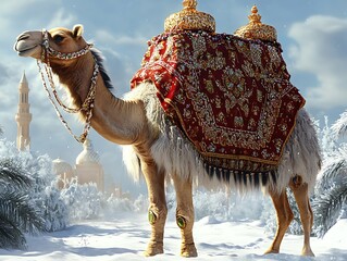 Ornate camel in snowy desert landscape; royalty theme; stock photo