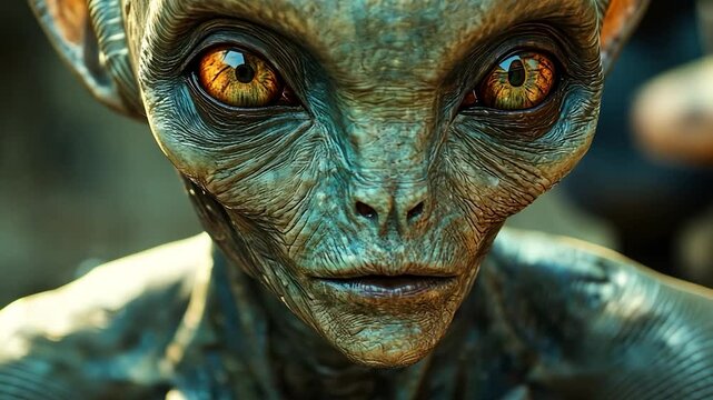 Close-up of an alien face with wrinkles and large eyes.
