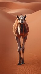 Camel in the desert dunes. Front view. Possible stock photo