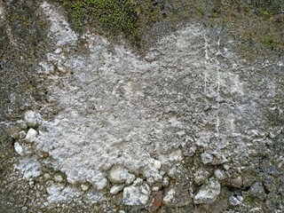 Rough Weathered Concrete Wall with Moss. Close-up of a rough, aged concrete wall surface with patches of moss and cracks. Ideal for grunge backgrounds and industrial texture