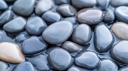Smooth River Rocks Wet Surface, Minimalist Style, High-Definition Photography, Close-Up Top View, Reflective Textures, Tranquil Scene, Natural Setting, Cool Gray Tones, Perfect for Spa Websites.
