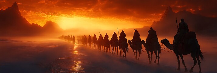 Camel Caravan at Sunrise in Desert Mountains