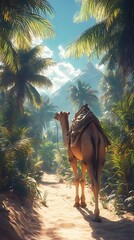 Camel on a Path through a Tropical Oasis