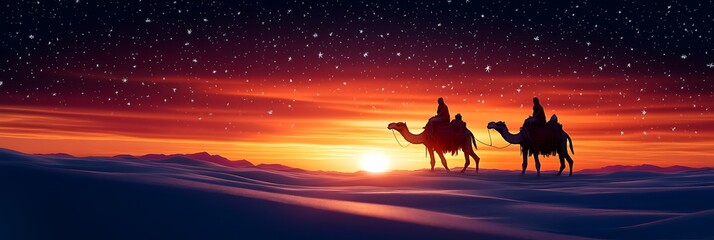 Camel caravan at desert sunset