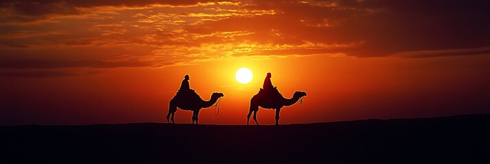 Desert Sunset Camel Riders Silhouette