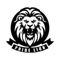 Vector illustration of a roaring lion head with ribbon, proud lion. Isolated on white background